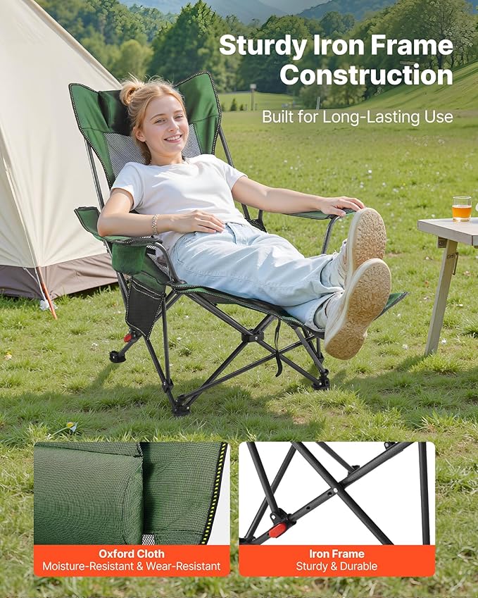 VEVOR Reclining Camping Chair 4 Adjustable Positions Portable Folding Lounger for Adults Mesh Beach Chair with Headrest &amp Foot Rest Supports 220 lbs Heavy Duty Camp Chairs for Patio Green