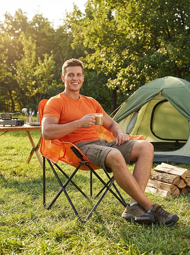 Breathable Outdoor Folding Chair Portable Ultra-Light Fishing Stool Beach Camping Moon Chair Armchair Art Sketch Chair (Mesh Fluorescent Orange)