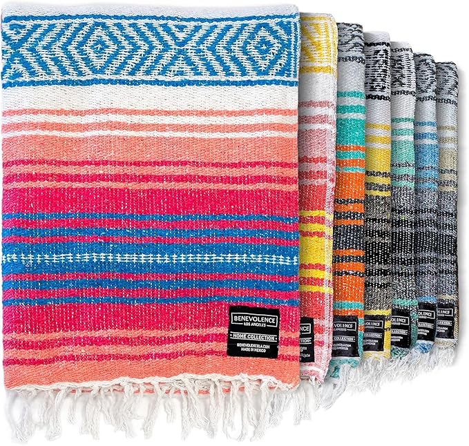 Benevolence LA Authentic Handwoven Mexican Blanket | Yoga Blankets Outdoor Picnic Beach Camping | Equestrian Saddle | Serape 50x70 inches - Coral Pack of 1