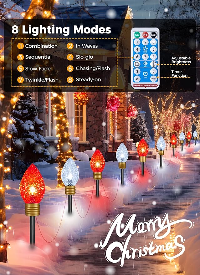 Brightown Solar Strawberry Jumbo Christmas Lights Outdoor - 18FT 10 LED Jumbo C9 Christmas Pathway Lights with Timer8 Modes Solar Christma Outdoor Decorations for Lawn Outside Red &amp Pure White