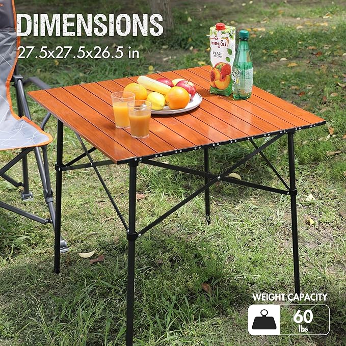 Portal Lightweight Aluminum Folding Square Table Roll Up Top 4 People Compact Table with Carry Bag for Camping Picnic Backyards BBQ Brown