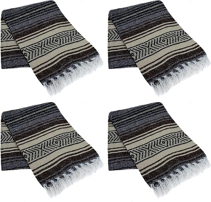 La Montana Mexican Blankets and Throws 4 Pack 74x50 - Made in Mexico Lightweight Yoga Blanket for Schools Studios Outdoors Camping Picnic Decor (Dark Brown/Tan/Charcoal)