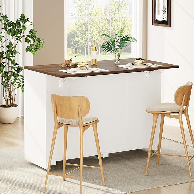 Rolling Kitchen Island Cart with Drop Leaf Storage Cabinets Drawers Tilt-Out Trash Can Spice Rack Narrow Movable Table for Small Spaces 47 on Wheels - Walnut Tabletop + White