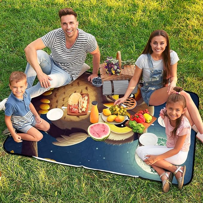 Zipper Owl and Yellow Moon Style Picnic Mat Suitable for Travel Camping Park Or Home Use