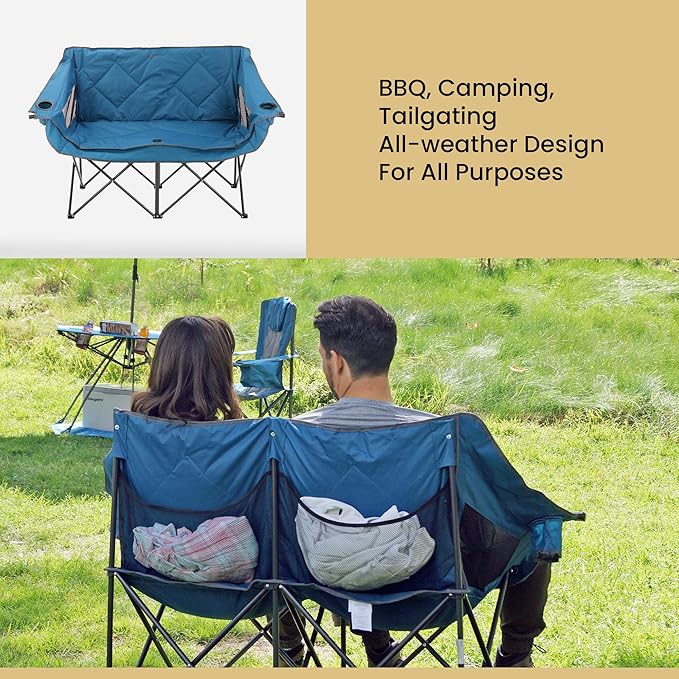 ARROWHEAD OUTDOOR 2-Pack Portable Folding Double Duo Camping Chair Loveseat w/ 2 Cup &amp Wine Glass Holder Carrying Bag Supports up to 500lbs