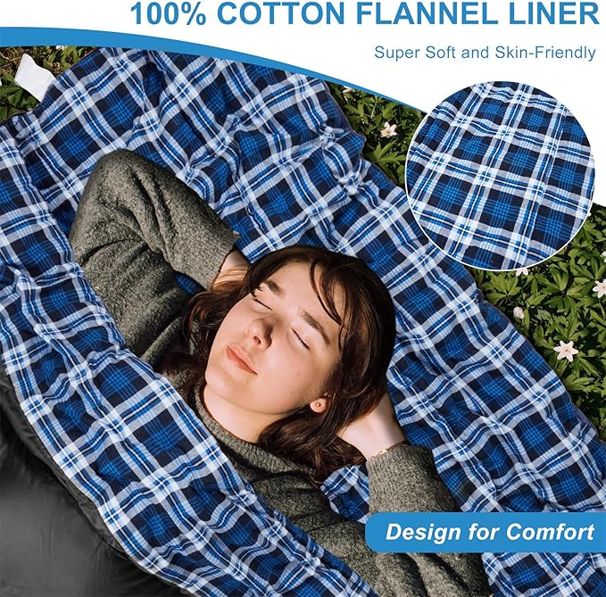 AGEMORE Cotton Flannel Double Sleeping Bag for Camping Backpacking Or Hiking. Queen Size 2 Person Waterproof Sleeping Bag for Adults Or Teens. Lightweight with Compression Sack