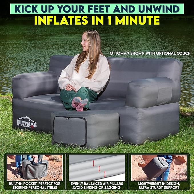 Pittman Inflatable Ottoman Foot Rest for Camping - Outdoor Pouf Ottoman is Waterproof for Camping &amp Patio - Removable Cover for Easy Cleaning - Inflatable Foot Stool Matches Our Popular Furniture