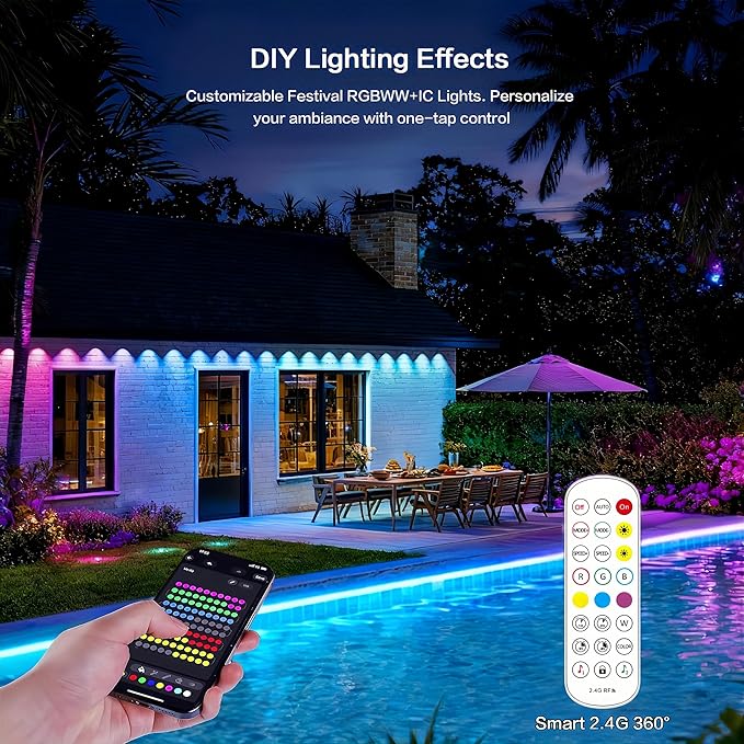 Permanent Outdoor Lights 150FT 90LEDs RGBWC+IC Smart LED Strip with 50+ Scene Modes IP68 Waterproof App &amp Remote Control for Christmas Holiday Roof and Pool Party Decor