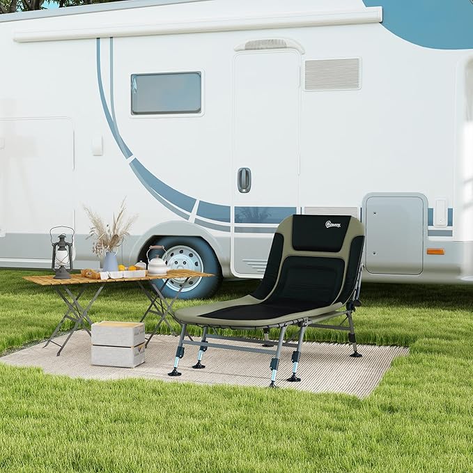 Camping Cot for Adults Folding Bed with Soft Padded Cushions Headrest 180° Adjustable Reclining Lounger Heavy Duty and Portable with a 400 lbs. Capacity Dark Green