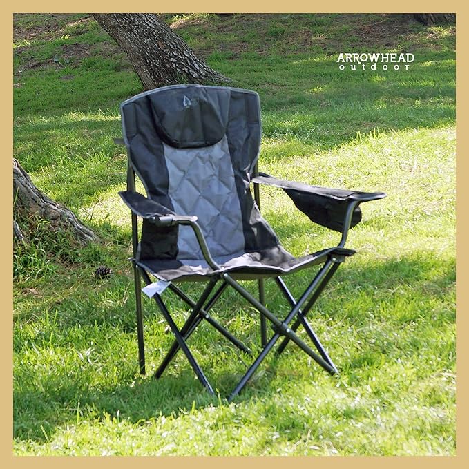 ARROWHEAD OUTDOOR 2-Pack Portable Folding Camping Quad Chair w/ 6-Can Cooler Cup &amp Wine Glass Holders Heavy-Duty Carrying Bag Padded Armrests Headrest &amp Seat Supports up to 550lbs