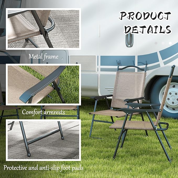 Folding Patio Chairs Set of 4 Sports Chairs for Adults Camping Chairs with Armrests Breathable Mesh Fabric Seat for Lawn Brown