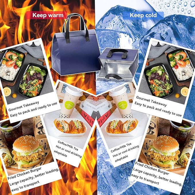 100 Pcs Insulated Take Away Bags Disposable Lunch Bags For Food Takeaways Coffee Milk Tea Seafood Pizza For Restaurants And Grocery Shops 9.5 x 6 x 10 In (Navy Blue)