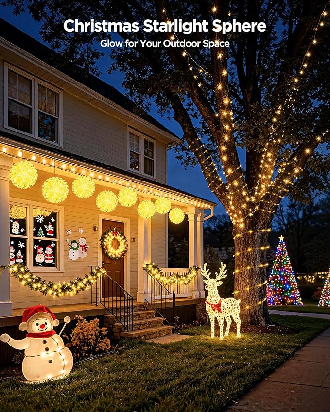 Brightown Outdoor Christmas Decorations-Starlight Sphere Replaceable Bulbs with Add-On Plug Lighted Sphere Balls for Trees Party Wedding Patio Indoor Decorations 6in-2pc 100 LED(Warm White)