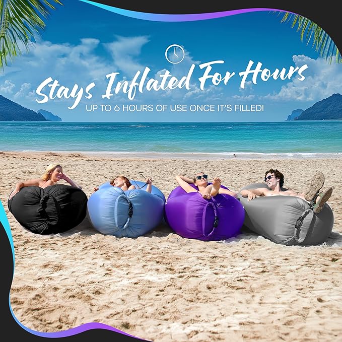 Nevlers Dark Black Inflatable Lounger | 210T Polyester Inflatable Chair | No-Pump Air Couch | Outdoor Inflatable Couch w/ 450lbs. Cap. Pockets &amp Matching Bag | Use as Blow Up Couch for Adults &am