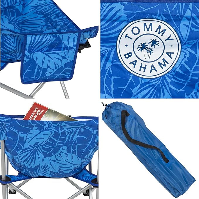 Tommy Bahama Go Everywhere 2-Pack Outdoor Folding Moon Chairs with Storage Pouch and Carry Bag Lightweight Portable Camping Chairs Supports up to 200 lbs. Blue