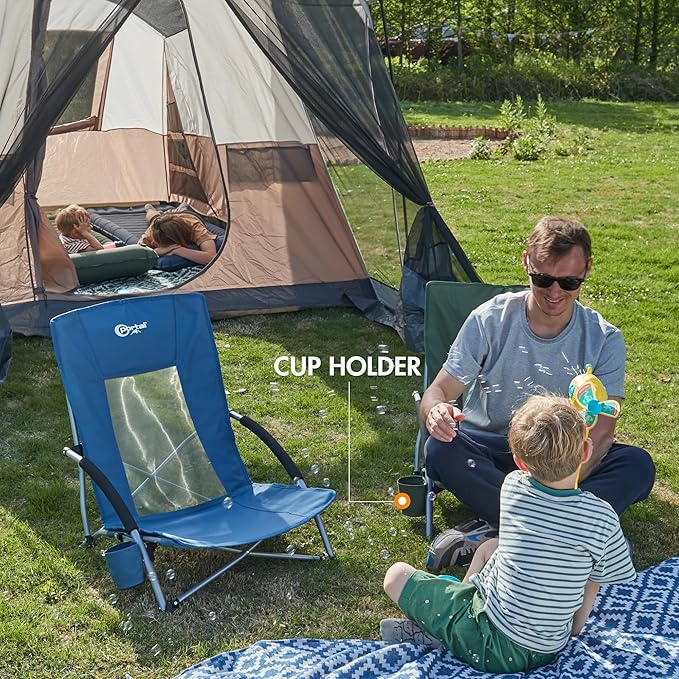 Portal Beach Chairs for Adults Camping Low Lightweight Portable Chair with Cup Holder Mesh Back Carry Bag for Outdoor Sand Lawn Travel Picnic Festival Concert