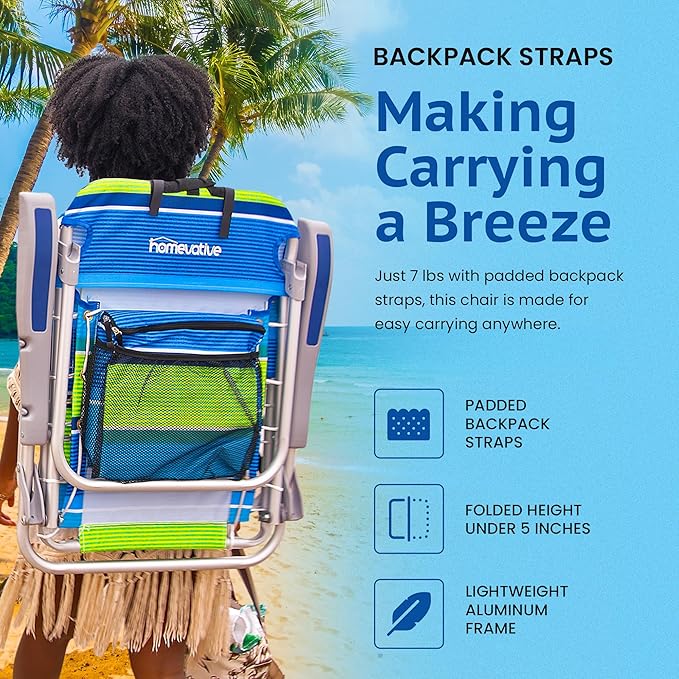 Homevative Cooler+ Folding Backpack Beach Chair with 5 Positions Towel bar XL Cooler Pouch Storage Net Cup and Phone Holder Deep Sea 2 Pack