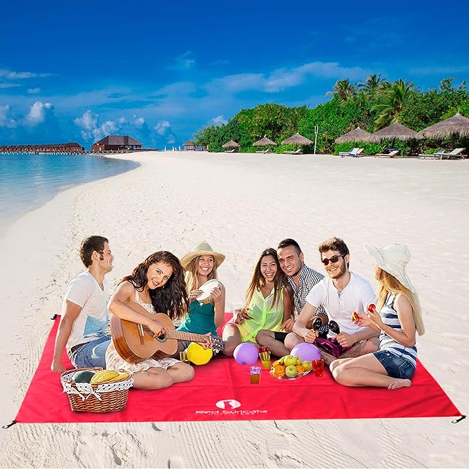 Red Suricata Sand Free Beach Mat – Large Sandproof Beach Blanket Sandless Waterproof – Fits and Matches Beach Canopy - Oversized Sand Proof Beach Mats for Outdoor Picnic Camping (Large Red)