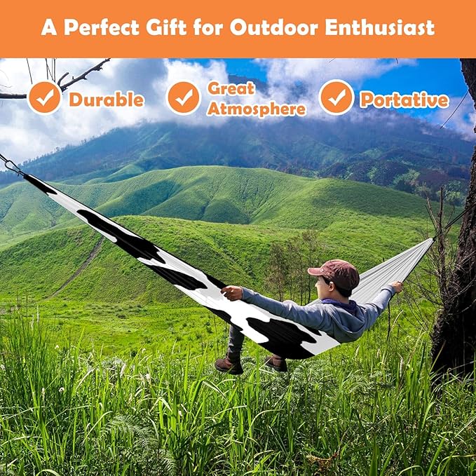 Outdoor Camping Hammock Cow Print Pattern Double Single Hammocks with 2 Tree Straps Lightweight Portable Heavy Duty Nylon Hammocks for Backpacking Travel Beach Backyard Patio Hiking
