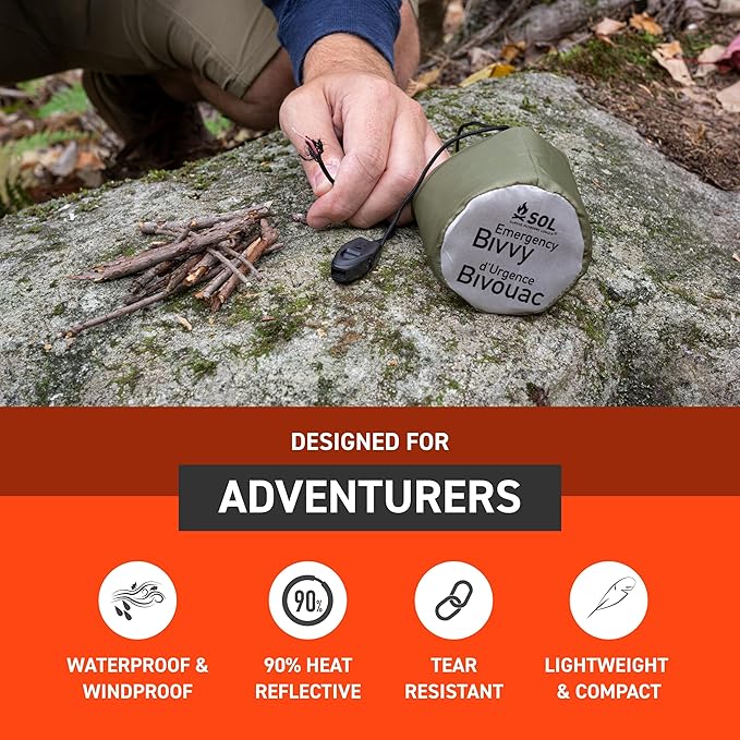 Survive Outdoors Longer 90% Emergency Bivvy - Comes with Survival Whistle &amp Tinder Paracord Drawstring - Add to Emergency Kit &amp Hiking Gear - Waterproof Windproof &amp Tear-Resistant