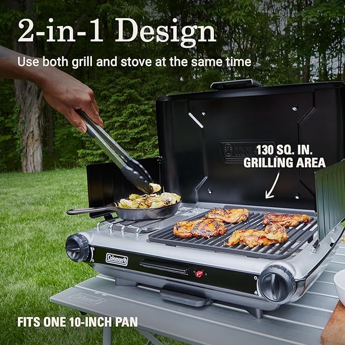 Coleman Tabletop 2-in-1 Grill &amp Stove with 2 Adjustable Burners Propane Grill/Stove with Push-Button Starter Wind Guards Grease Tray &amp 20000 BTUs of Power for Camping Tailgating &amp M