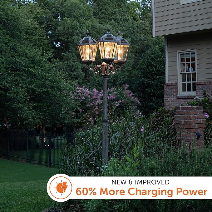 Gama Sonic Royal Bulb Solar Lamp Post Light Kit 89 inch Tall Outdoor Triple Head Weathered Bronze Cast Aluminum Rain Water Glass Light Pole Warm White 2700K 98B303 (Upgraded Panel)