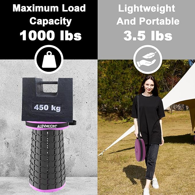 ALEVMOOM Upgraded 19.7 XXL Collapsible Stool with Cushion Portable Telescoping Stool Capacity 1000lbs Heavy Duty Retractable Folding Chair for Adults for Camping Fishing Hiking BBQ