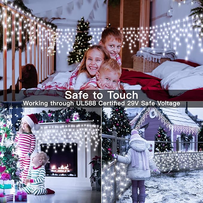 Ollny Icicle Lights Outdoor Cool White 600LED 49FT Christmas Lights with Remote 8 Modes Dimmable Waterproof Connectable Timer Hanging Light for House Outside Yard Indoor Decorations