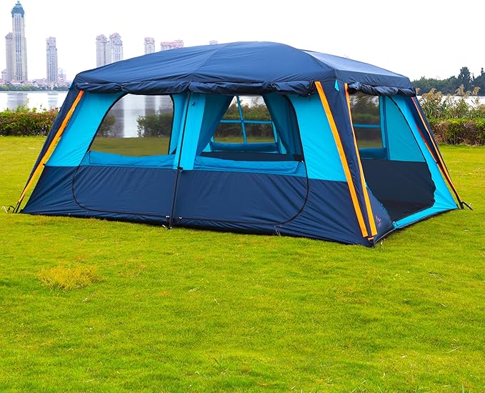 KTT Extra Large Tent 12 PersonFamily Cabin TentsAwning2 Rooms4 Doors and 4 Windows with MeshStraight WallWaterproofDouble LayerBig Tent for OutdoorPicnicCampingFamily Gathering