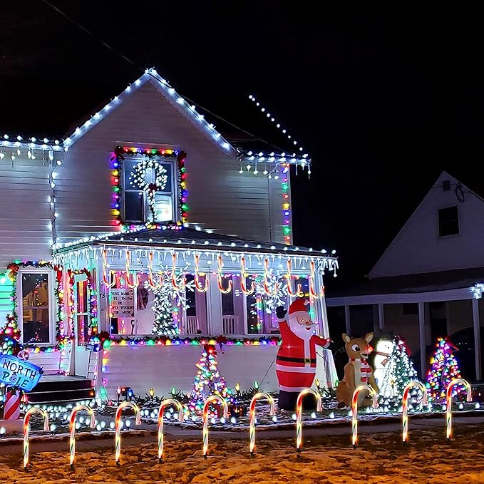 10 Christmas Candy Cane Lights - Set of 10 Pathway Markers Christmas Outdoor Yard Decorations Xmas Candy Canes Stake Lights for Lawn Walkway Garden Xmas Party Indoor Ornaments