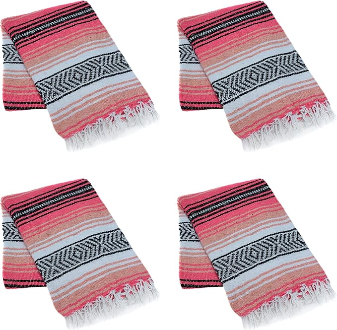 La Montana Mexican Blankets and Throws 4 Pack 74x50 - Made in Mexico Lightweight Yoga Blanket for Schools Studios Outdoors Camping Picnic Decor - Machine Washable Coral/Melon/White