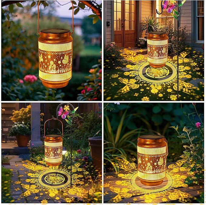 Butterfly Solar Lanterns Outdoor Waterproof with Shepherd Hook Birthday Gifts for Women Mom Grandma Metal Solar Hanging Lights Garden Decor for Outside Yard Patio Pathway Backyard Porch