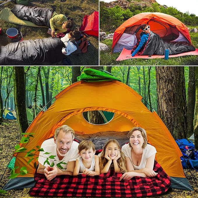 AGEMORE Cotton Flannel Double Sleeping Bag for Camping Backpacking Or Hiking. Queen Size 2 Person Waterproof Sleeping Bag for Adults Or Teens. Lightweight with Compression Sack