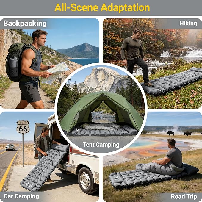 Sleeping Pad for Camping Backpacking Sleeping Mat with Built-in Pillow and Foot Pump 4in Thick Compact Camping Air Mattress for Hiking Tent Road Trip Car Camp Travel Gear