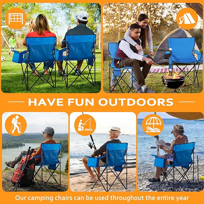 HaSteeL Camping Chair for Adults 2Pcs Large Folding Beach Chairs with Carrying Bag Portable for Outdoor Patio Picnic Lawn Hiking Fishing Travel Cooler/Cup Holder/Storage Pocket (Blue)