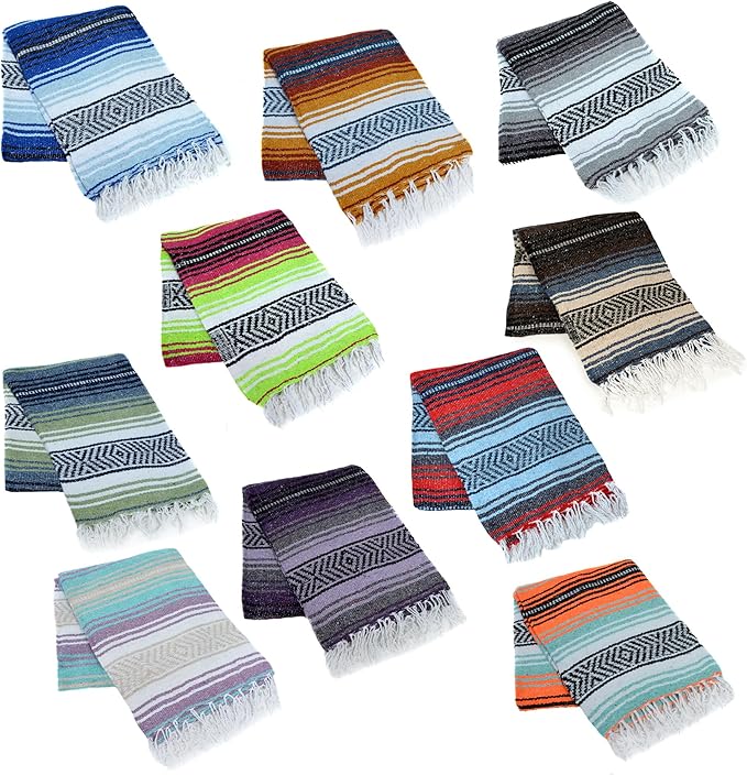 La Montana Authentic Mexican Blanket (10-Pack) - 74in x 50in Woven in Mexico - Falsa Throw for Yoga Studio Picnic/Camping/Beach Saddle Blanket Bed/Home Decor (Assorted Random)