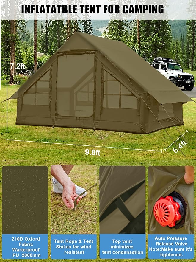 Inflatable Tents with Hand Pump Hot Tent with Stove Jack Easy Blow Up Glamping Tent with Mesh Windows 4-6 Person Instant Family Camping Tents Waterproof for 4 Seasons