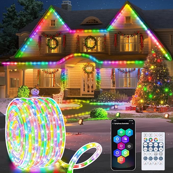 Jnaurb RGB Color Changing Rope Lights Outdoor 33ft 100LED Smart String Lights with Remote &amp APP Control Waterproof Music Sync Rope Lighting - DIY Flexible Tube LED Lights for Bedroom Garden Wedd