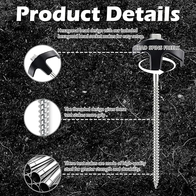 20 Pack 8 Heavy Duty Screw in Tent Stakes Metal Camping Stakes Drill-In Ground Anchor Threaded Stakes for Canopies Gardening Yard Inflatables with Hex Socket and Storage Bag (Black)