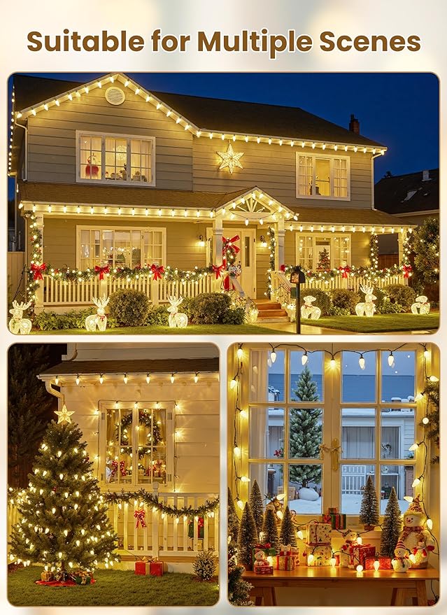 C9 LED Christmas Lights Outdoor 68 Feet 100 LED Strawberry String Lights With 100 Spring Clamps Waterproof Commercial Grade Extendable for Outside Roofline Patio Home Xmas Decoration Warm White