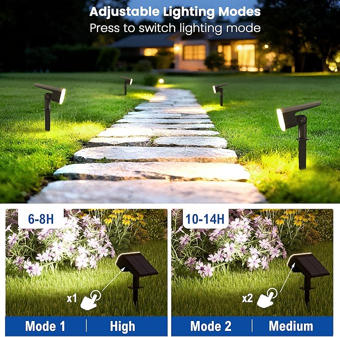 Solar Lights Outdoor Waterproof IP65 Super Bright LED 6500K 2 Lighting Modes Solar Powered Yard Garden Solar Spot Lights for Outside Landscape Auto On/Off -4 Pack