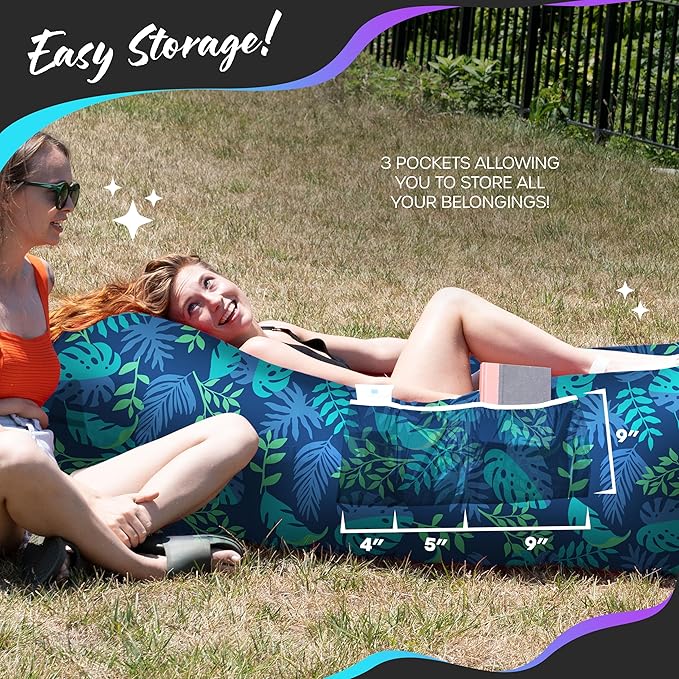 Nevlers Inflatable Lounger – Palm Leaf | 210T Polyester Blow Up Couch w/ 3 Pockets Carry Bag &amp Stake | No Pump Inflatable Couch for Camping Furniture Outdoor Beach Bed Festival Air Chair &amp