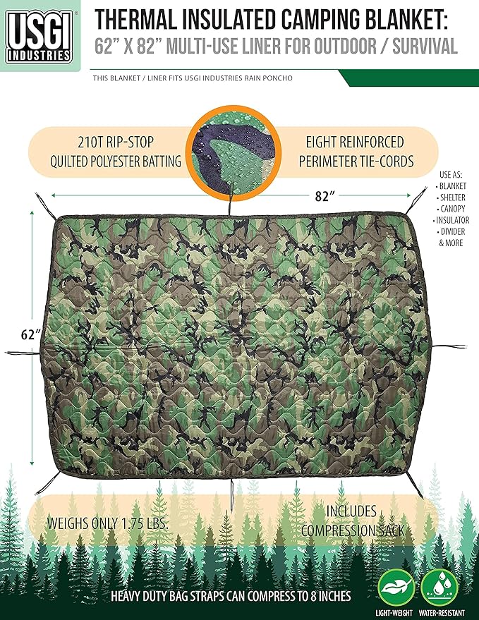 USGI Industries Military Woobie Blanket | Thermal Insulated Camping Blanket Poncho Liner | Large Portable Insulation Water-Resistant for Hiking Survival | Compression Carry Bag