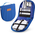 Camping Silverware Kit Cutlery Organizer Utensil Picnic Set - 12 Piece Mess Kit For 2 - Stainless Steel Plate Spoon Butter and Serrated Knife Wine Opener Fork Napkin Hiking - Camp Kitchen BBQ’s (Blue)