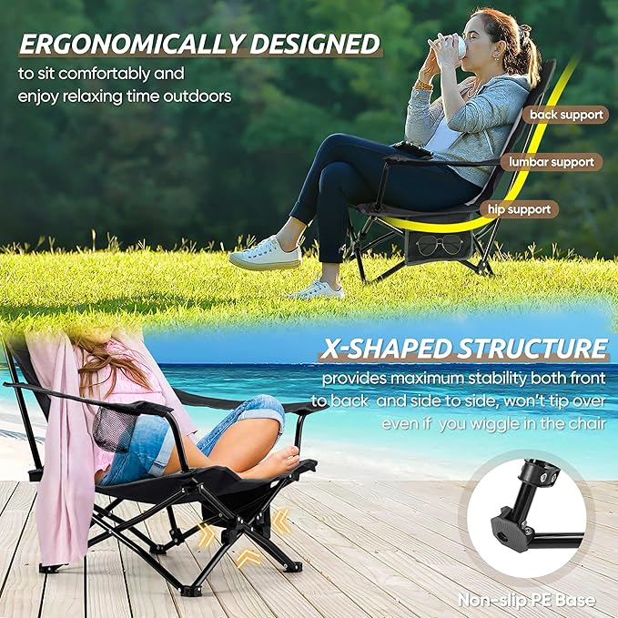 HaSteeL Folding Beach Chair Set of 3 Foldable Black Camping Chairs &amp Grey Table for Outside Low Beach Chair Portable for Adults Fishing Picnic Outdoor BBQ Cup Holder &amp Storage Bag