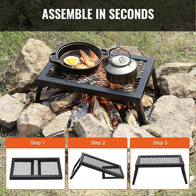 VEVOR Folding Campfire Grill 18 Portable Camping Grates Over Fire Pit Heavy Duty Steel Mesh Grate Camp Fire Cooking Equipment with Legs Carrying Bag Grilling Rack for Outdoor Open Flame Cooking