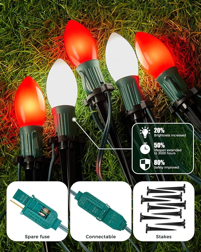 Frosted C9 Christmas Lights Outdoor 25.7 Ft Christmas Pathway Lights with 20 LED Bulbs and Stakes Connectable Christmas Yard Decorations Walkway Sidewalk Holiday Red and White