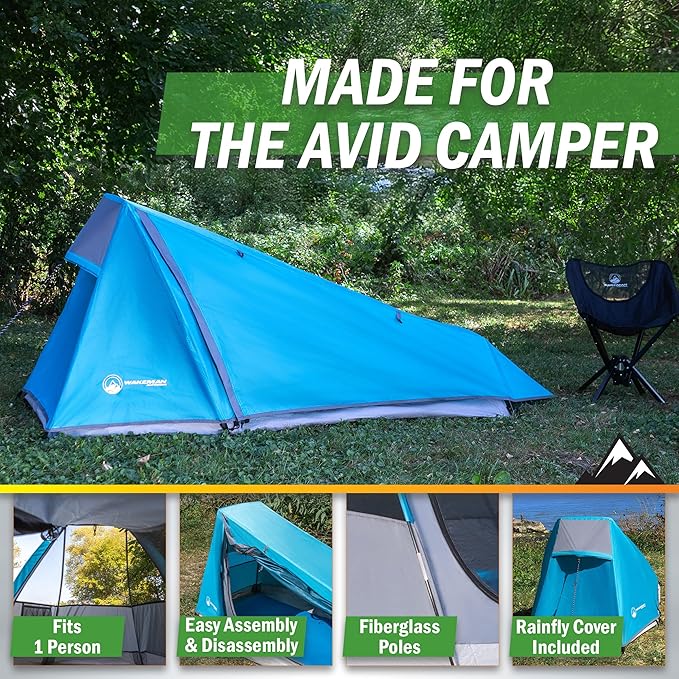 Single Person Tent - 1 Person Camping Tent with Rainfly and Carrying Bag - Lightweight Outdoor Bivy Bag Shelter for Backpacking Hiking or Camping Essentials by Wakeman Outdoors (Blue)