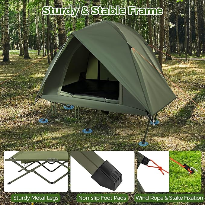 Tangkula 2 Person Tent Cot Portable Off Ground Elevated Camping Tent with Cot Removable Rainfly Wheeled Bag Stakes &amp Wind Ropes for Picnic Hiking Travel Beach
