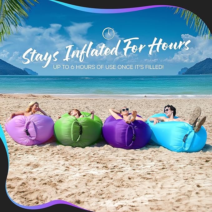 Nevlers Blue &amp Green Inflatable Couch 2 Pack | 210T Polyester Blow Up Couch | No-Pump Inflatable Chair Set | Sofa Bed Chair w/ 450 lbs. Capacity Pockets &amp Carry Bags for Use as Portable Hammo